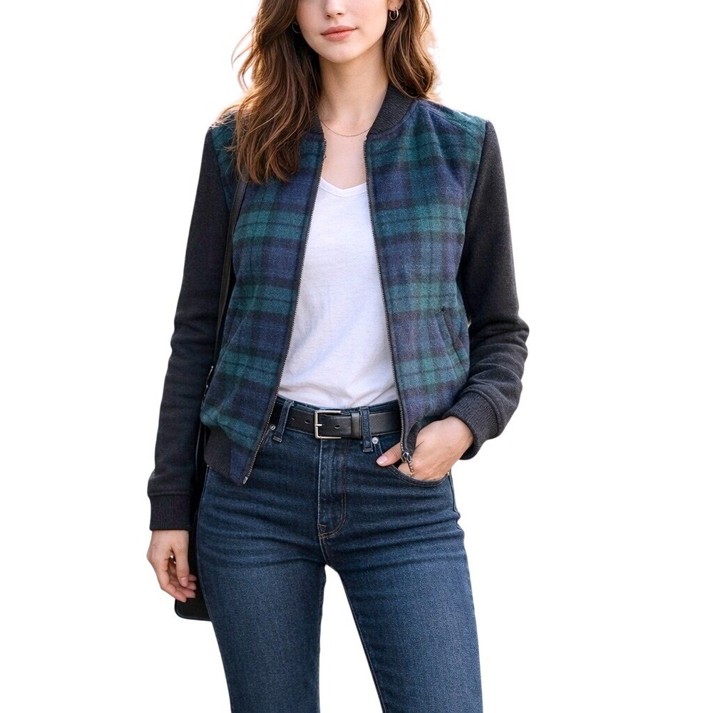 Comptoir des Cotonniers Wool Blend Black Watch Tartan Bomber Jacket Size XS